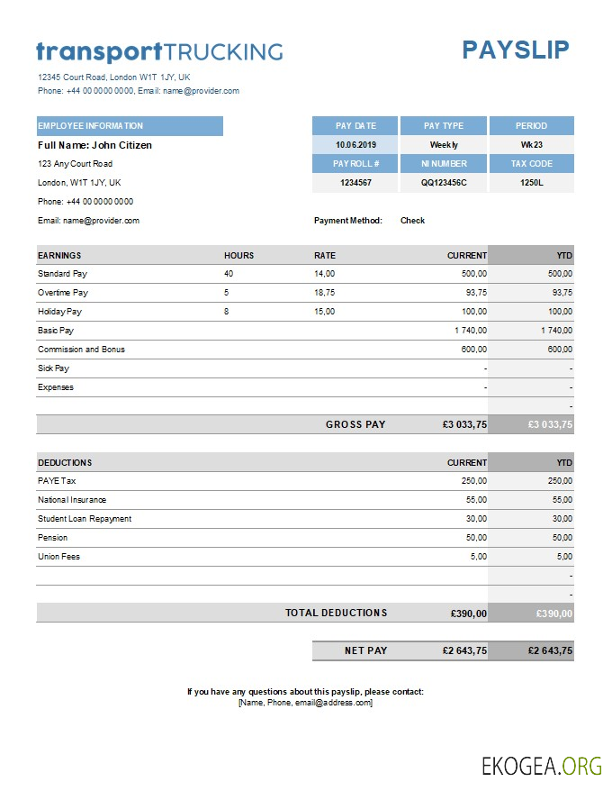 modèle de paie d'une entreprise de transport aux formats Excel et PDF